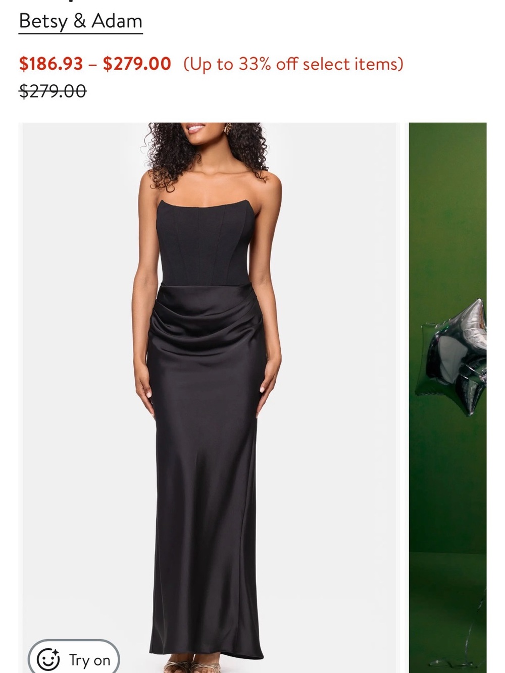 Betsy & Adam Black Strapless Satin Column Gown